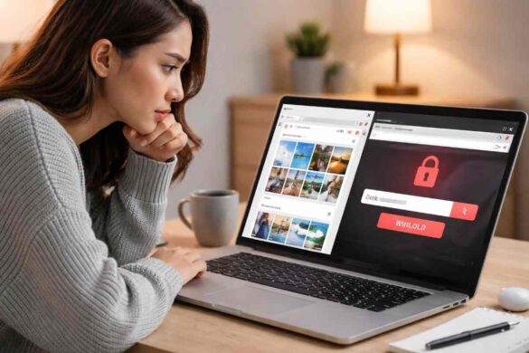 Person reviewing a third-party Instagram downloader website on a laptop screen