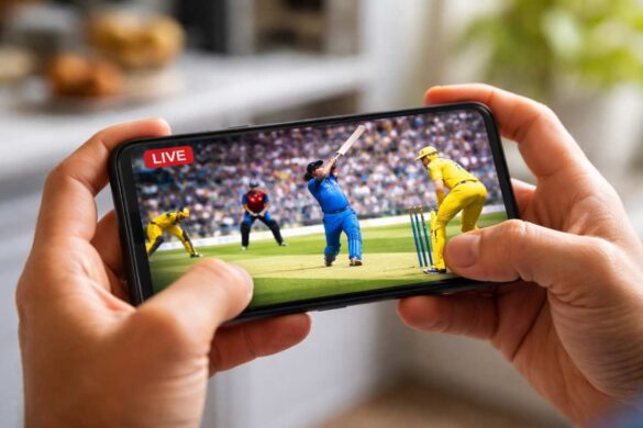 person watching a live cricket match on a smartphone streaming app