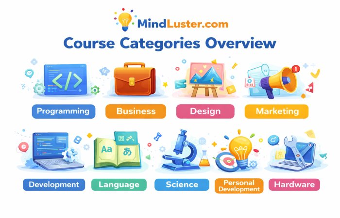 Overview of MindLuster course categories including programming, business, and design