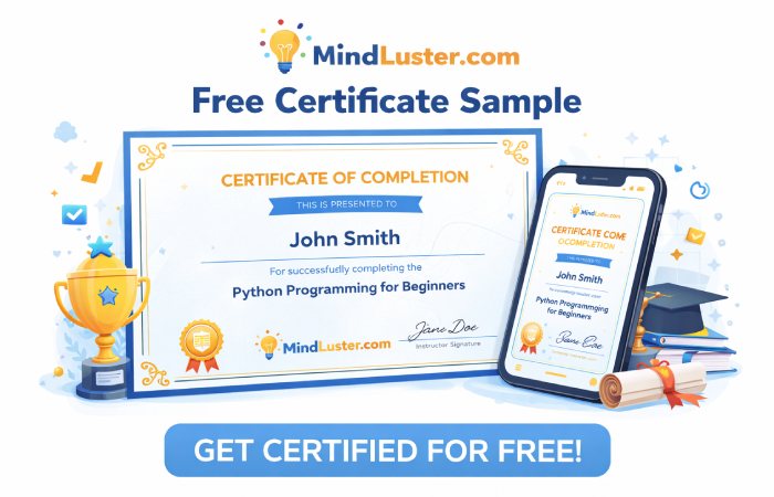 Sample MindLuster.com free certificate showing course completion